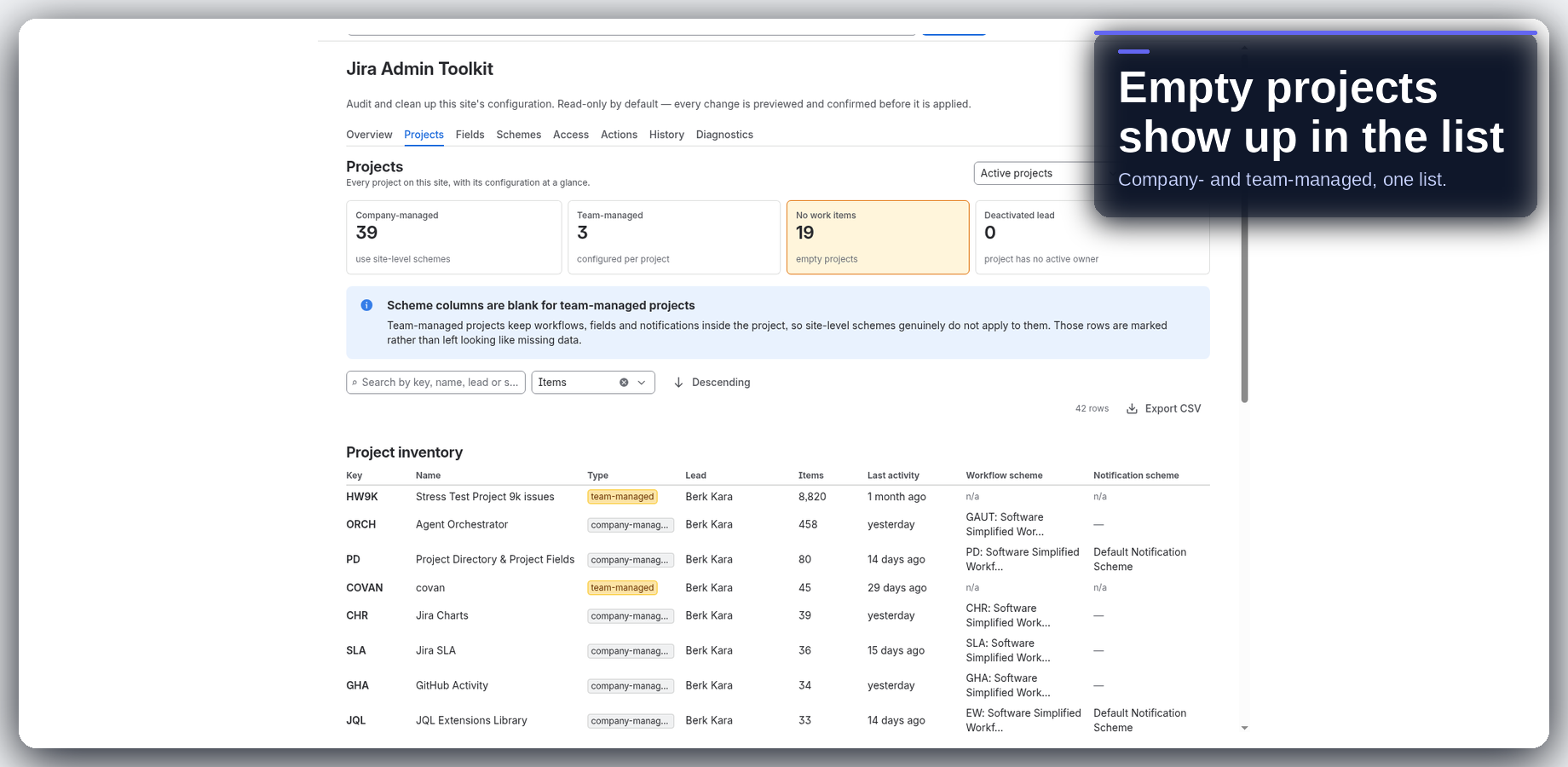Project inventory with search.
