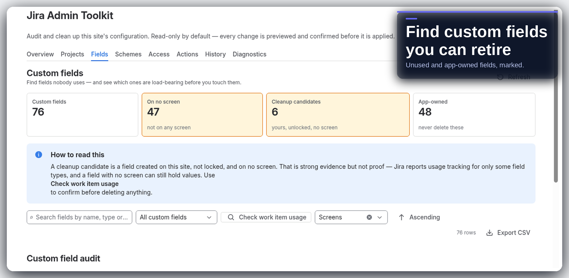 Custom field audit with cleanup candidates.