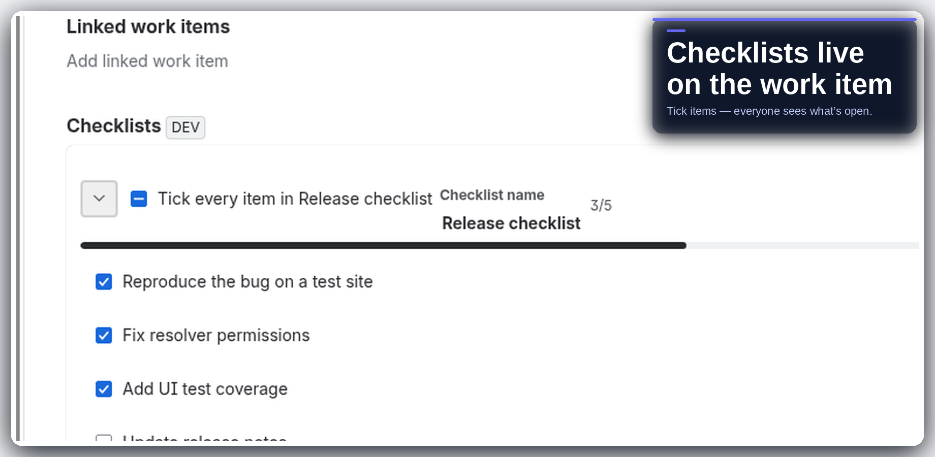 Checklist on a Jira work item — items next to the work.