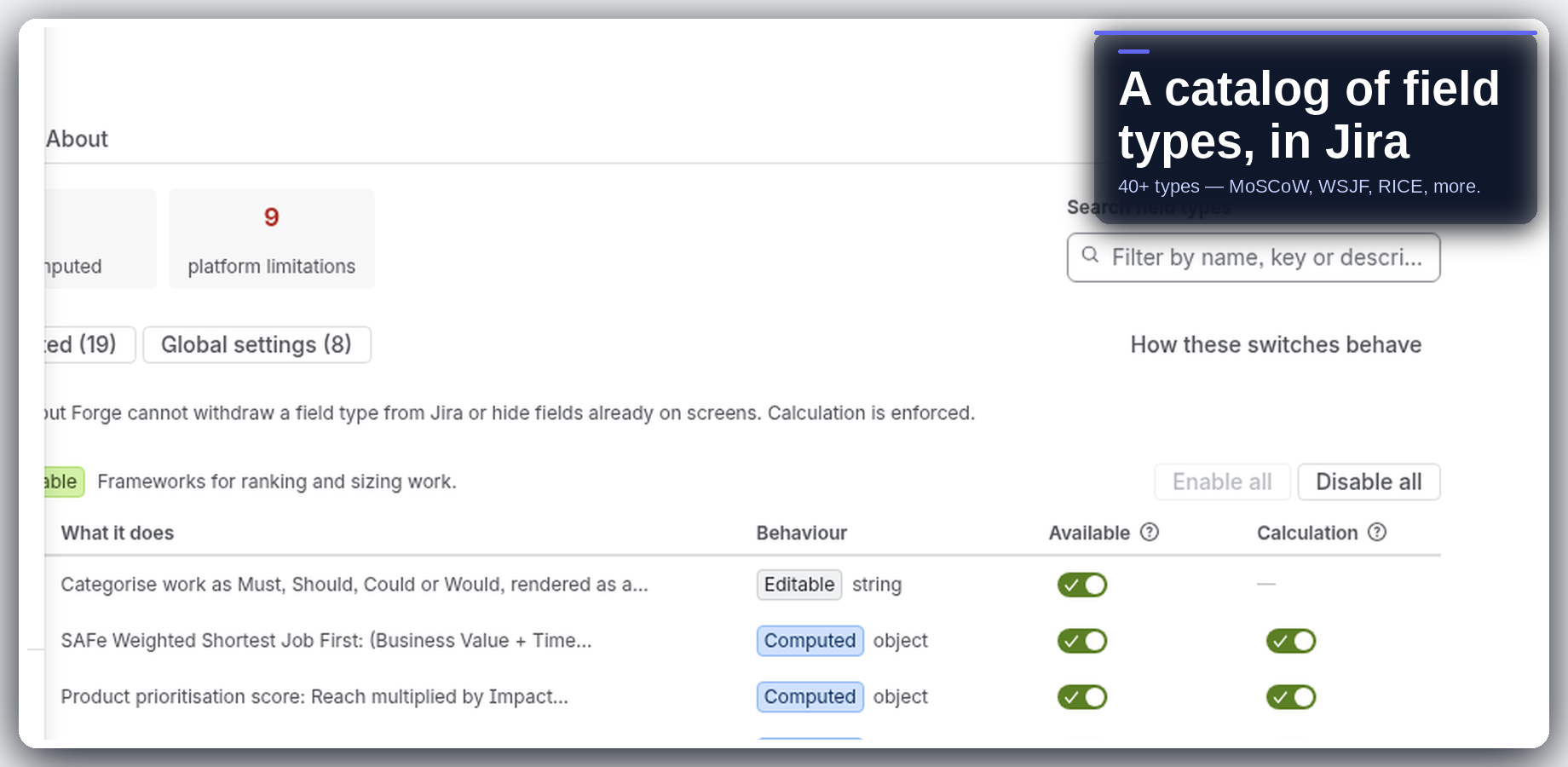 Catalog of custom field types in Jira for admins.
