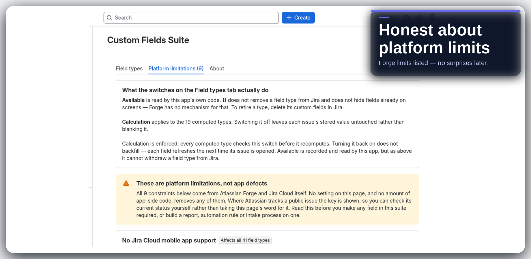 In-app notes about Forge and Jira Cloud platform limits.