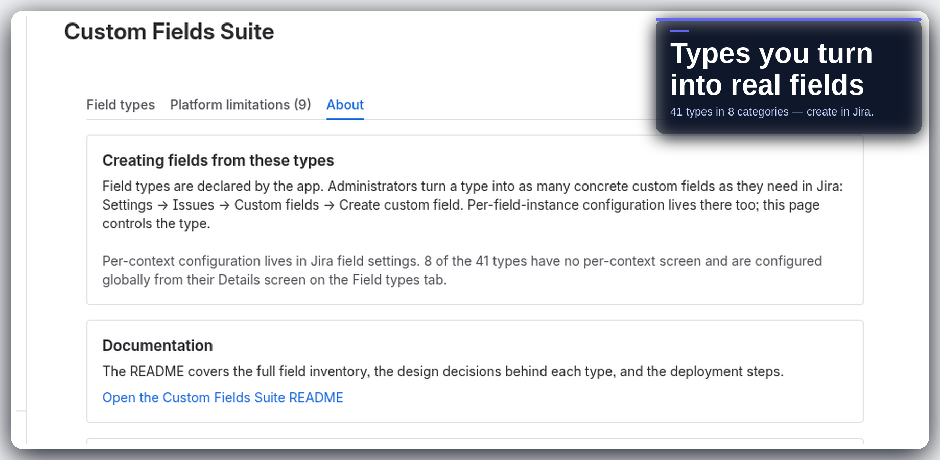 Field types across categories that become real Jira custom fields.