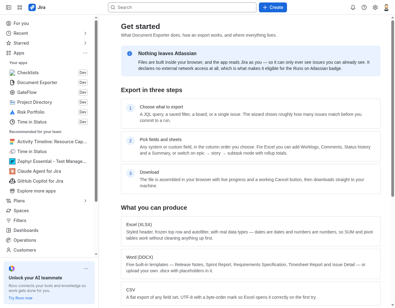Document Exporter start screen in Jira.