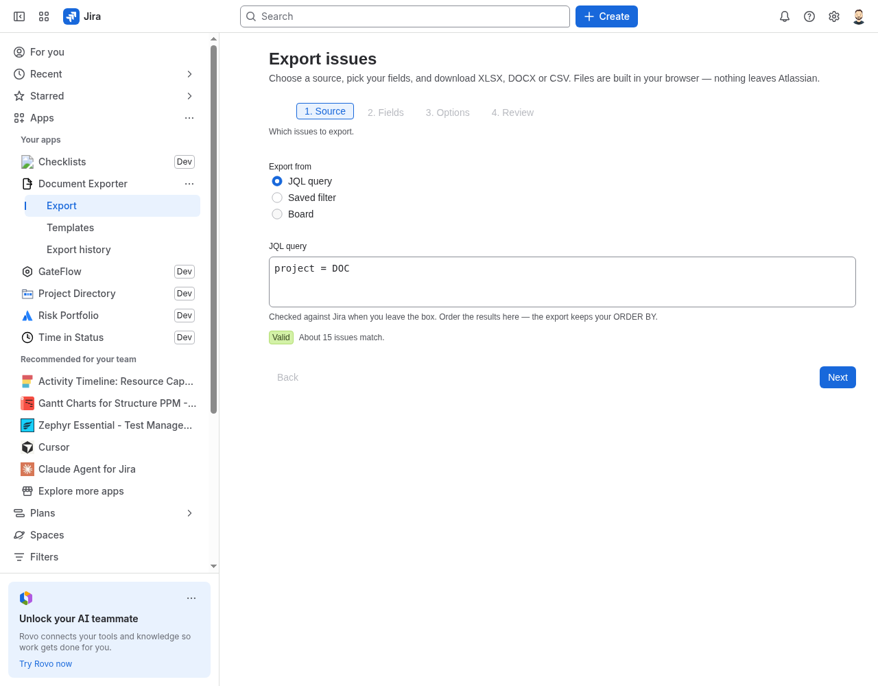 Export options for Excel, Word and CSV.