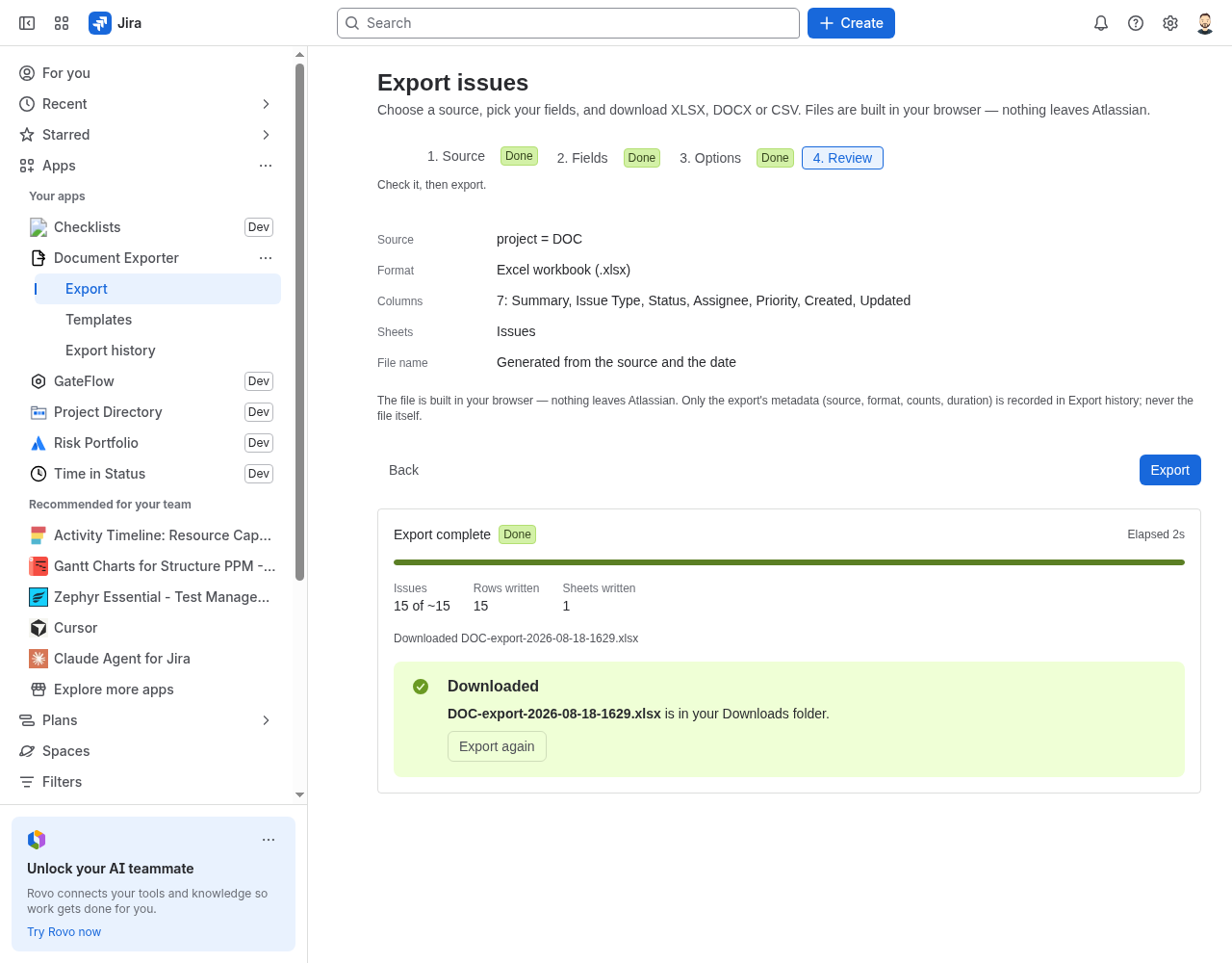 Export history inside Jira.