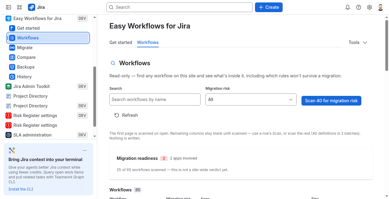 Workflows list showing company-managed workflows and portability scan results.