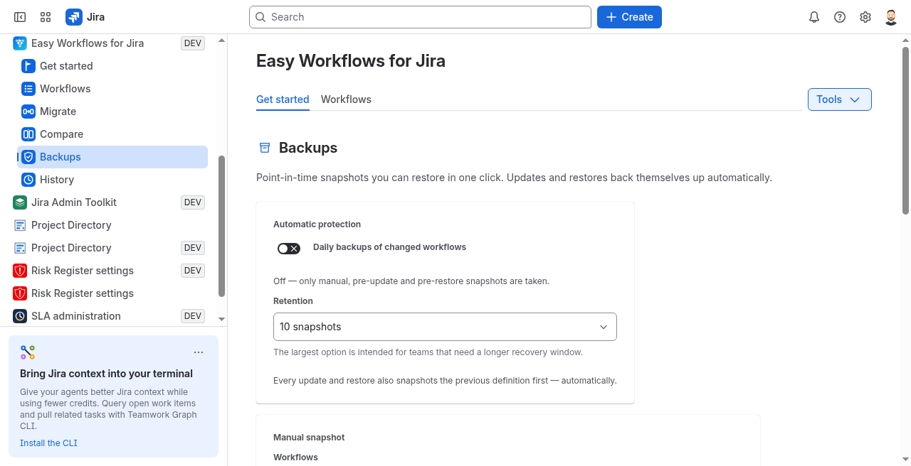 Backups and snapshots list for Jira Cloud workflows.