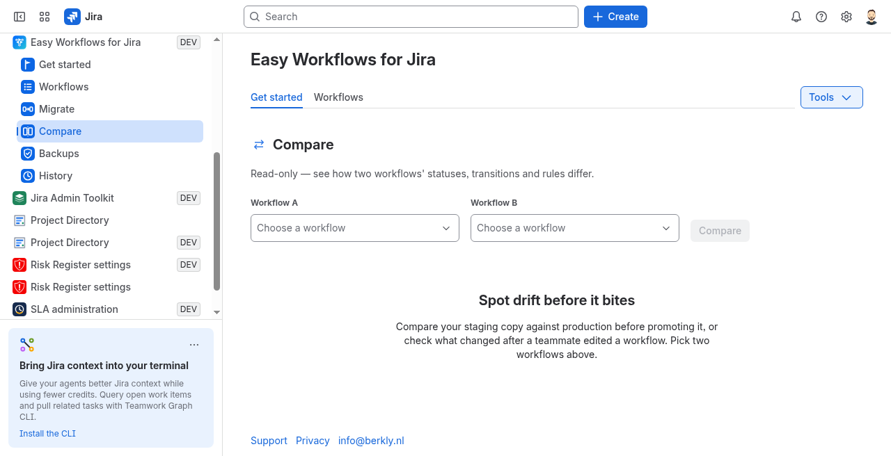 Compare two Jira Cloud workflows side by side before promote.