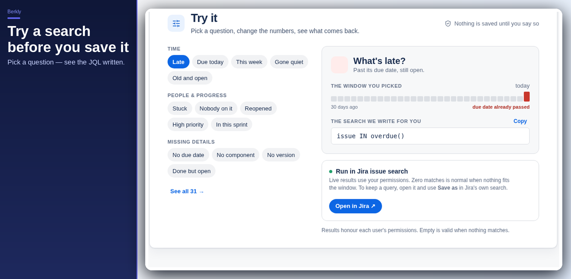 Try it screen turning a question into issue IN overdue().