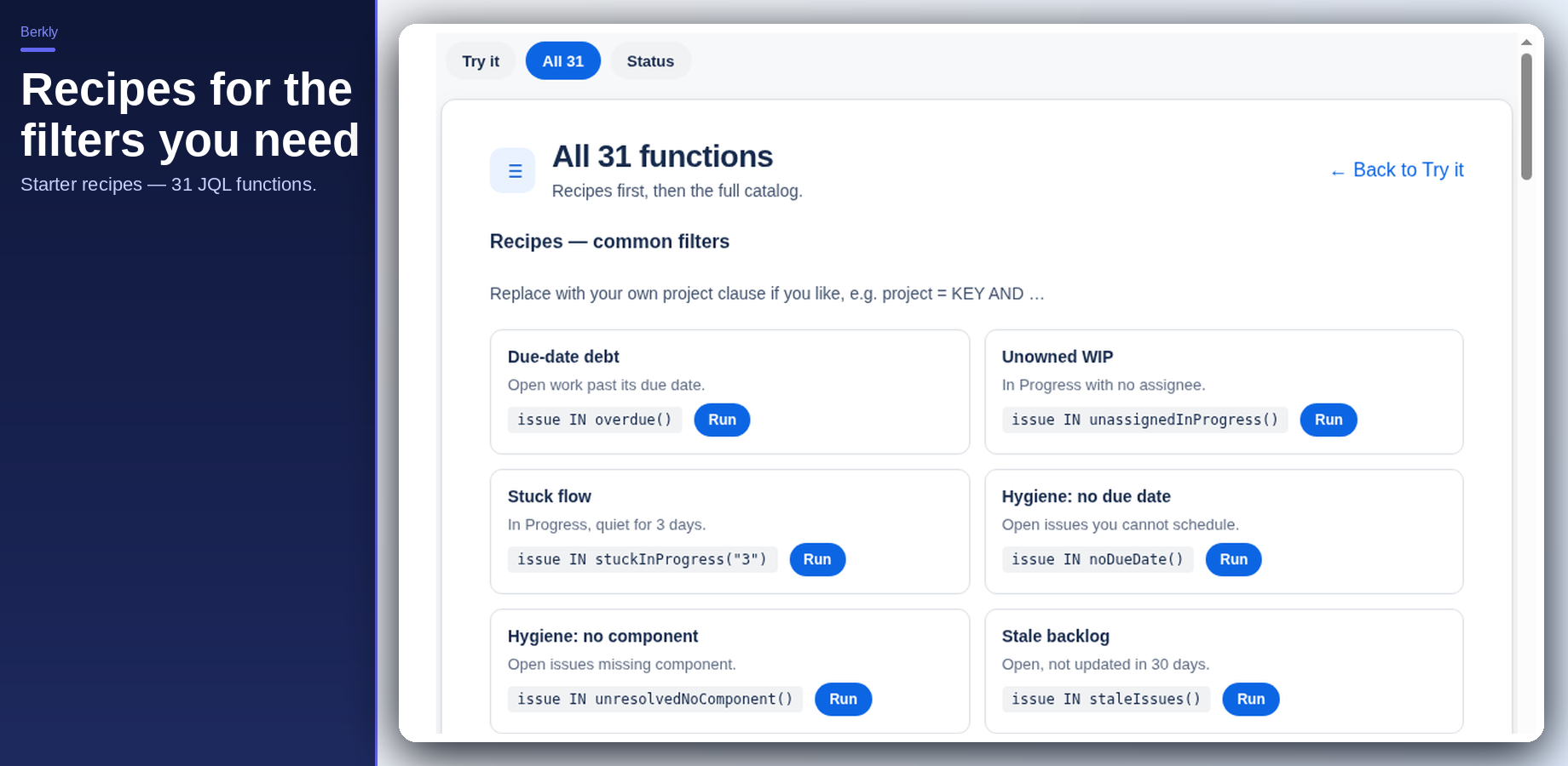 Recipes list with Run buttons for common filters.