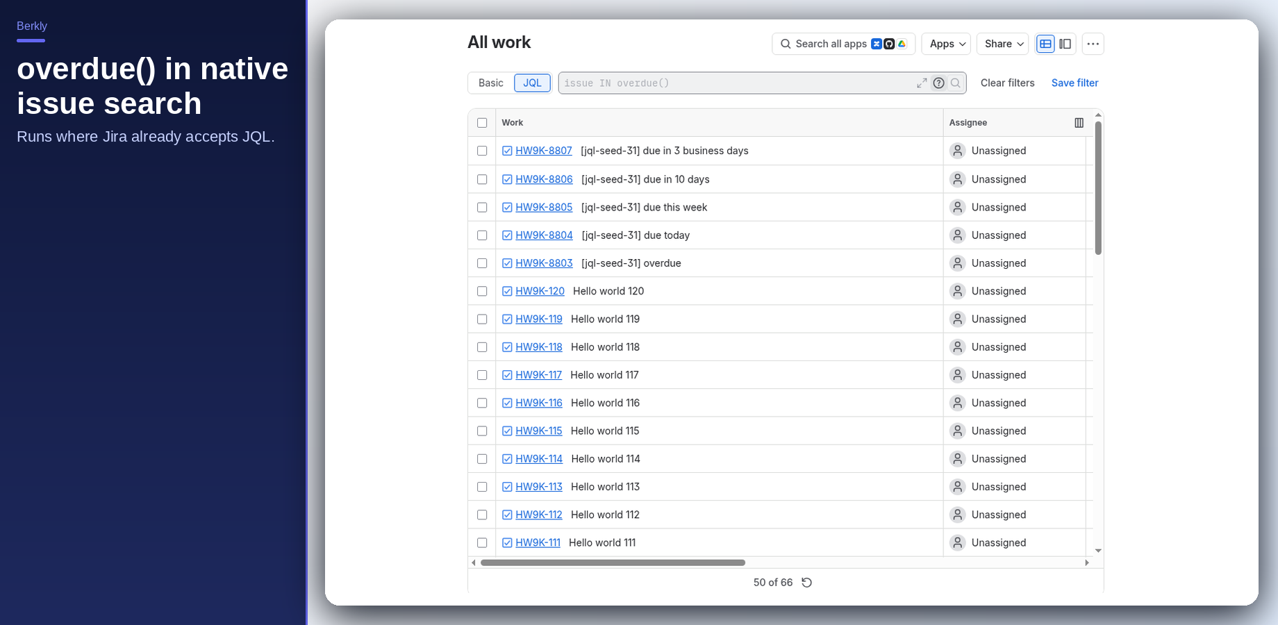 Native Jira issue search using issue IN overdue().
