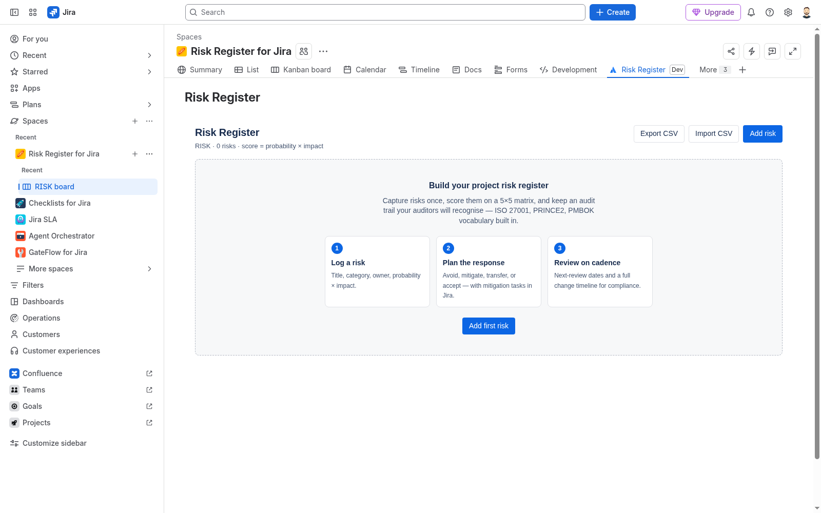 Project Risk Register main screen with 5x5 matrix.