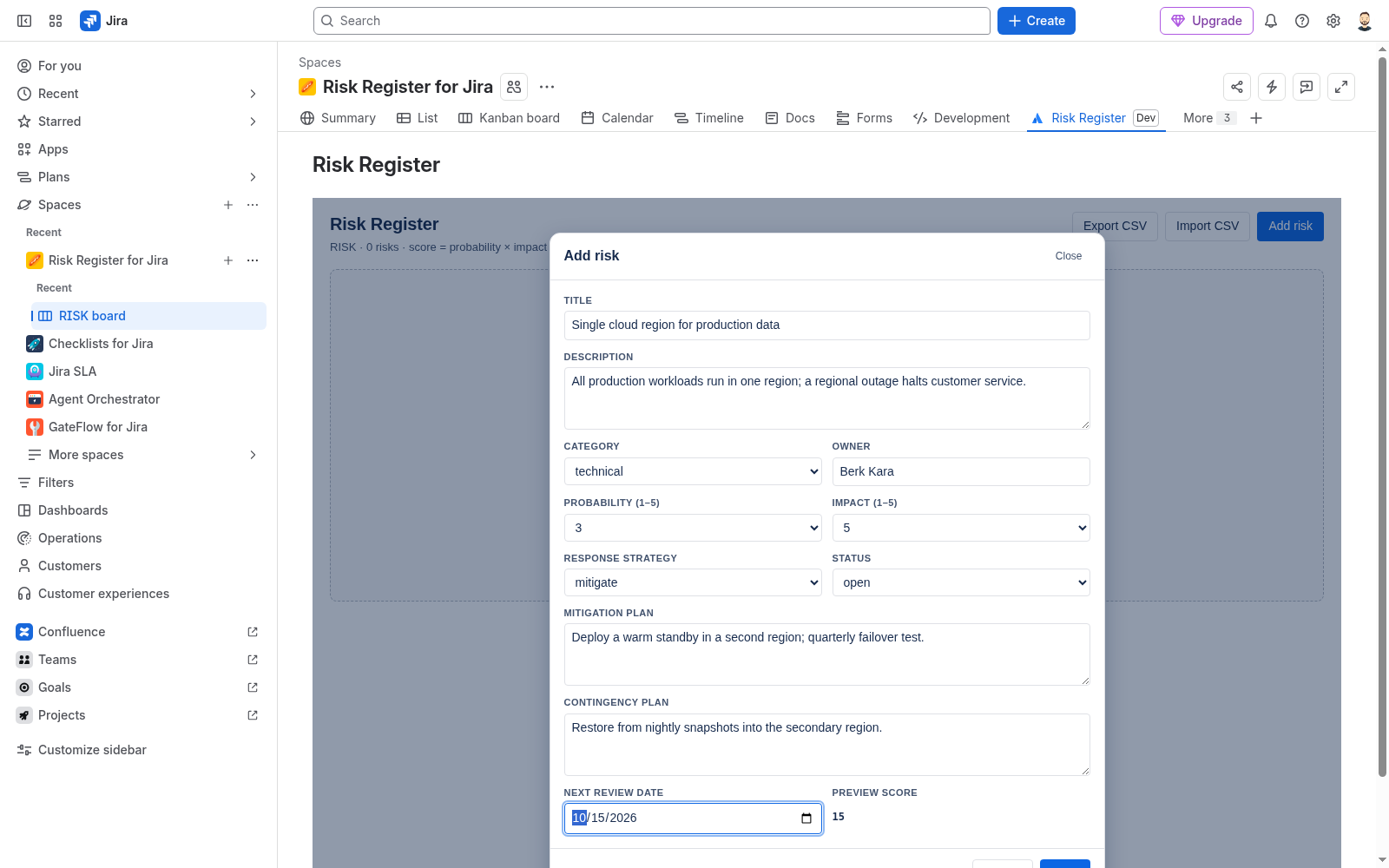 Add risk form with probability and impact score preview.