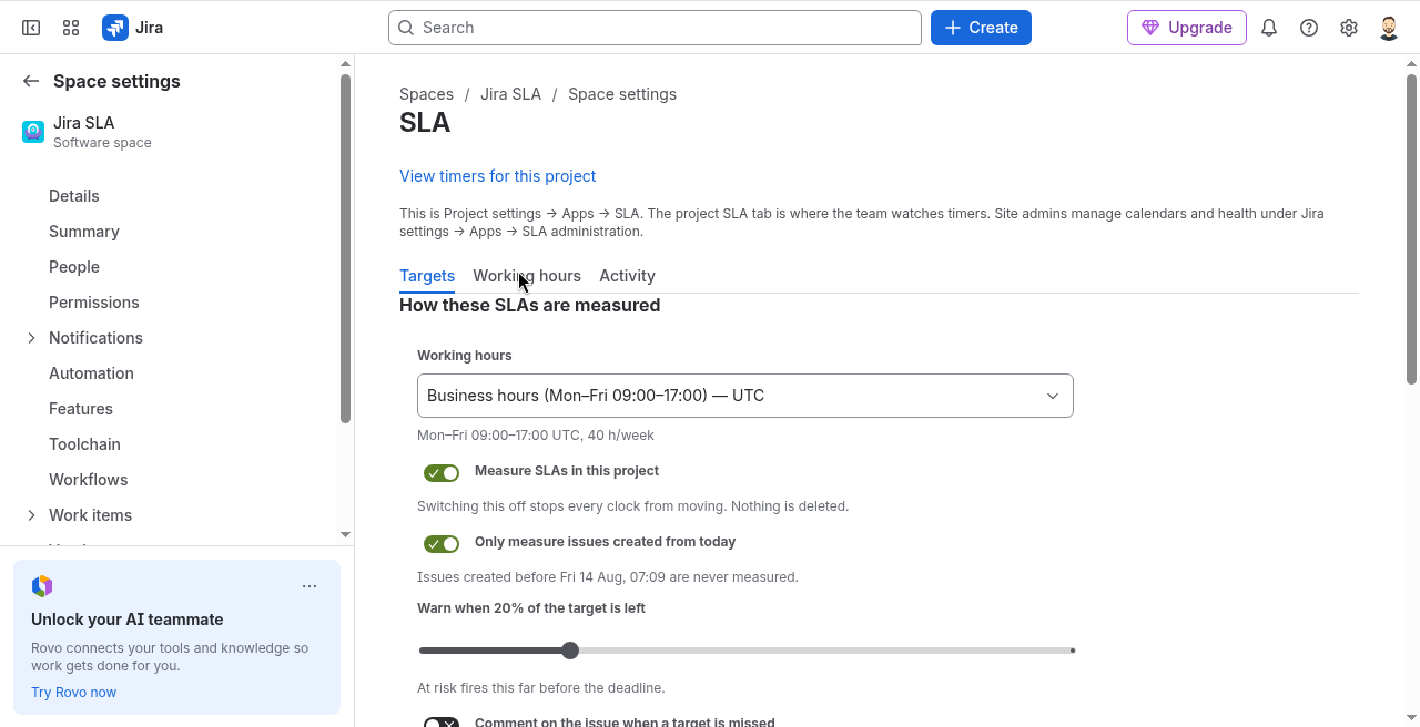 Project SLA settings with working-hours calendar.