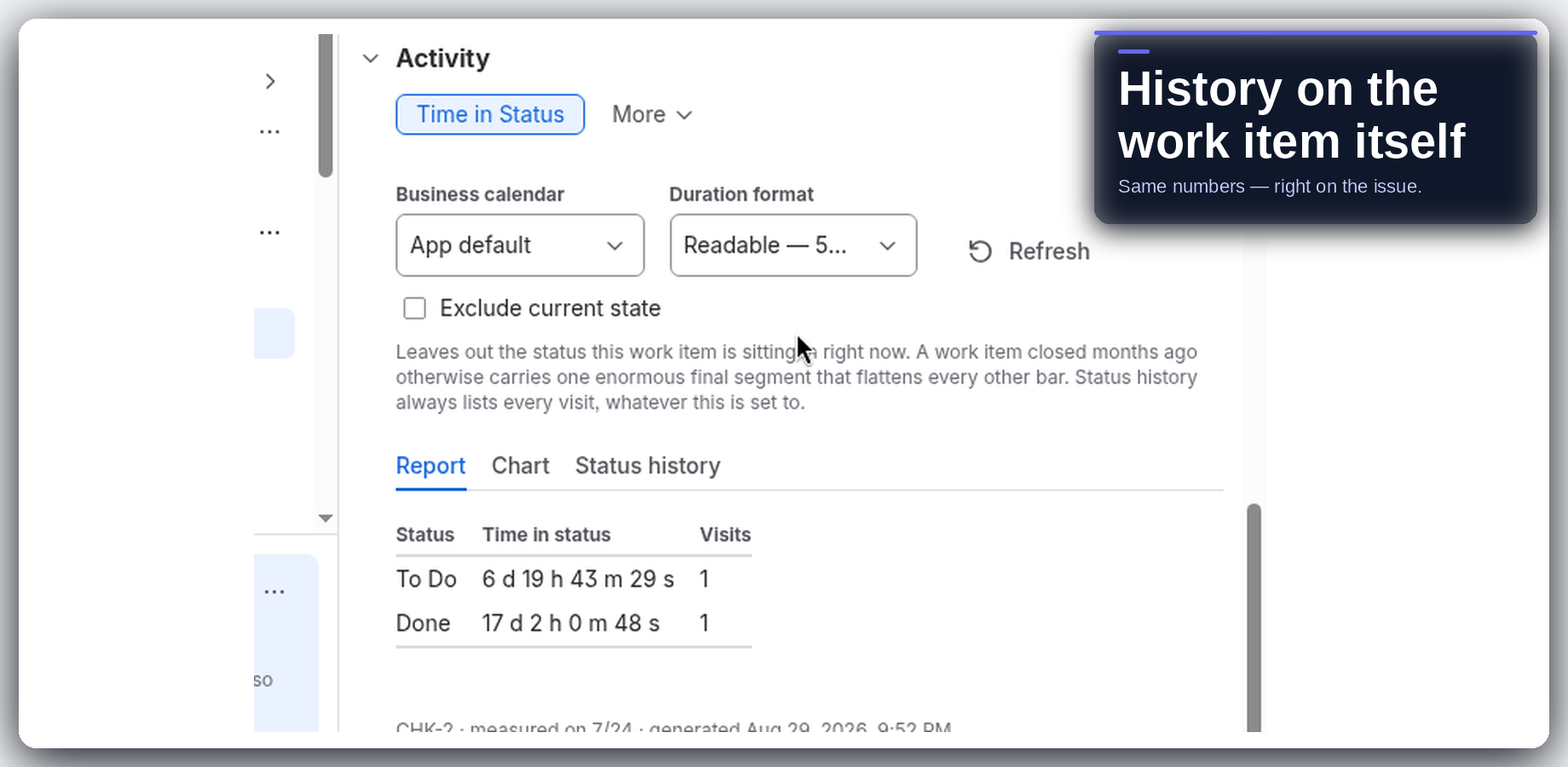 Status history on a work item Activity tab.