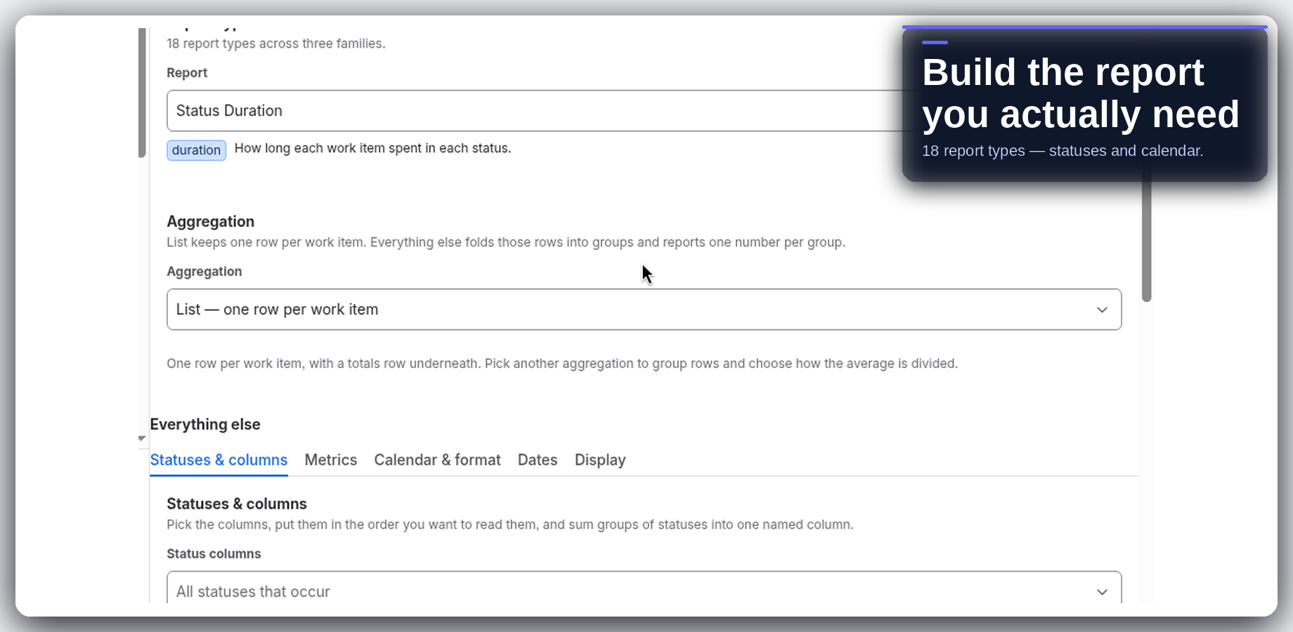 Report builder with report type, statuses, calendar and date range.